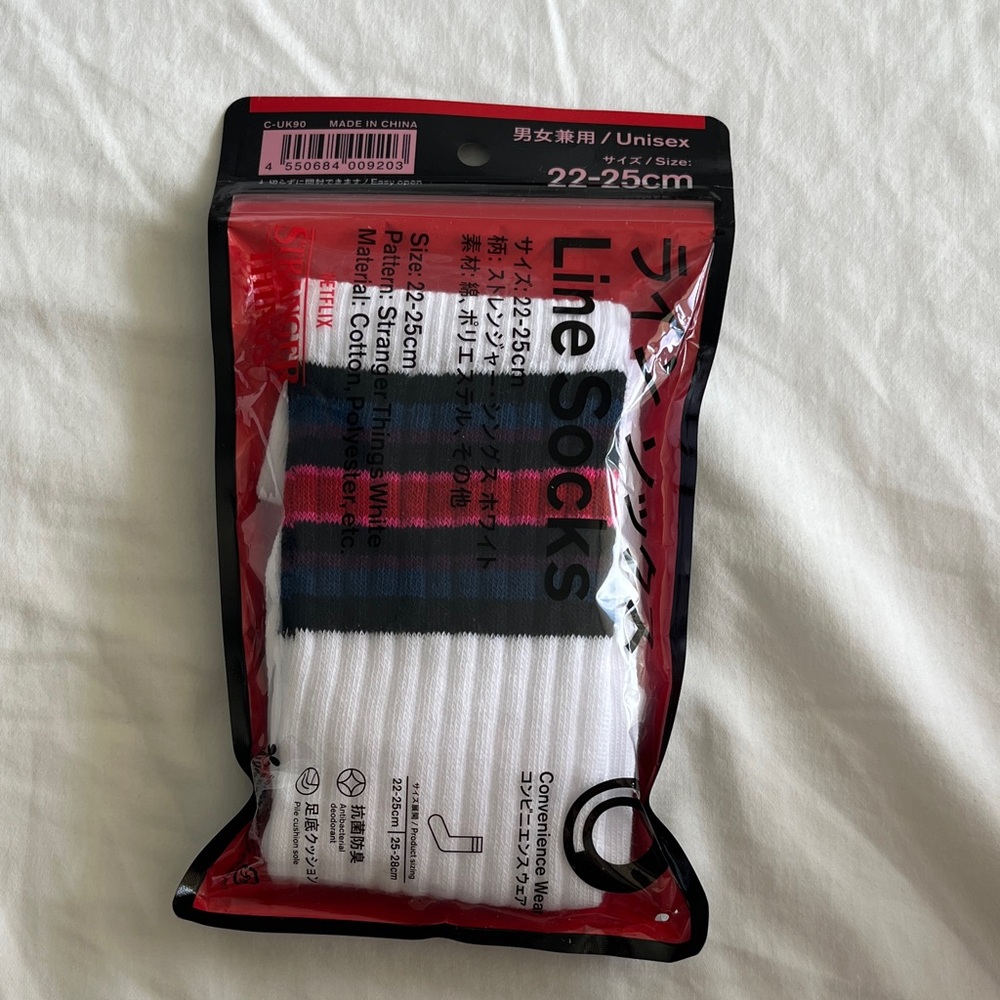 Netflix Stranger Things Crew Socks with Black, Navy & Pink Stripes